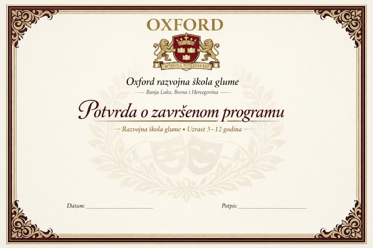 Potvrda o završenom programu — Oxford razvojna škola glume