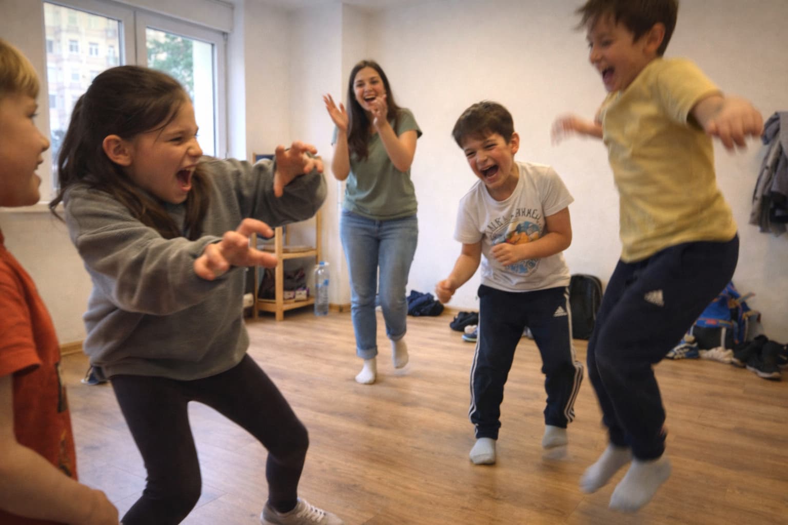 Djeca tokom časa razvojne škole glume — igre pokreta i improvizacije