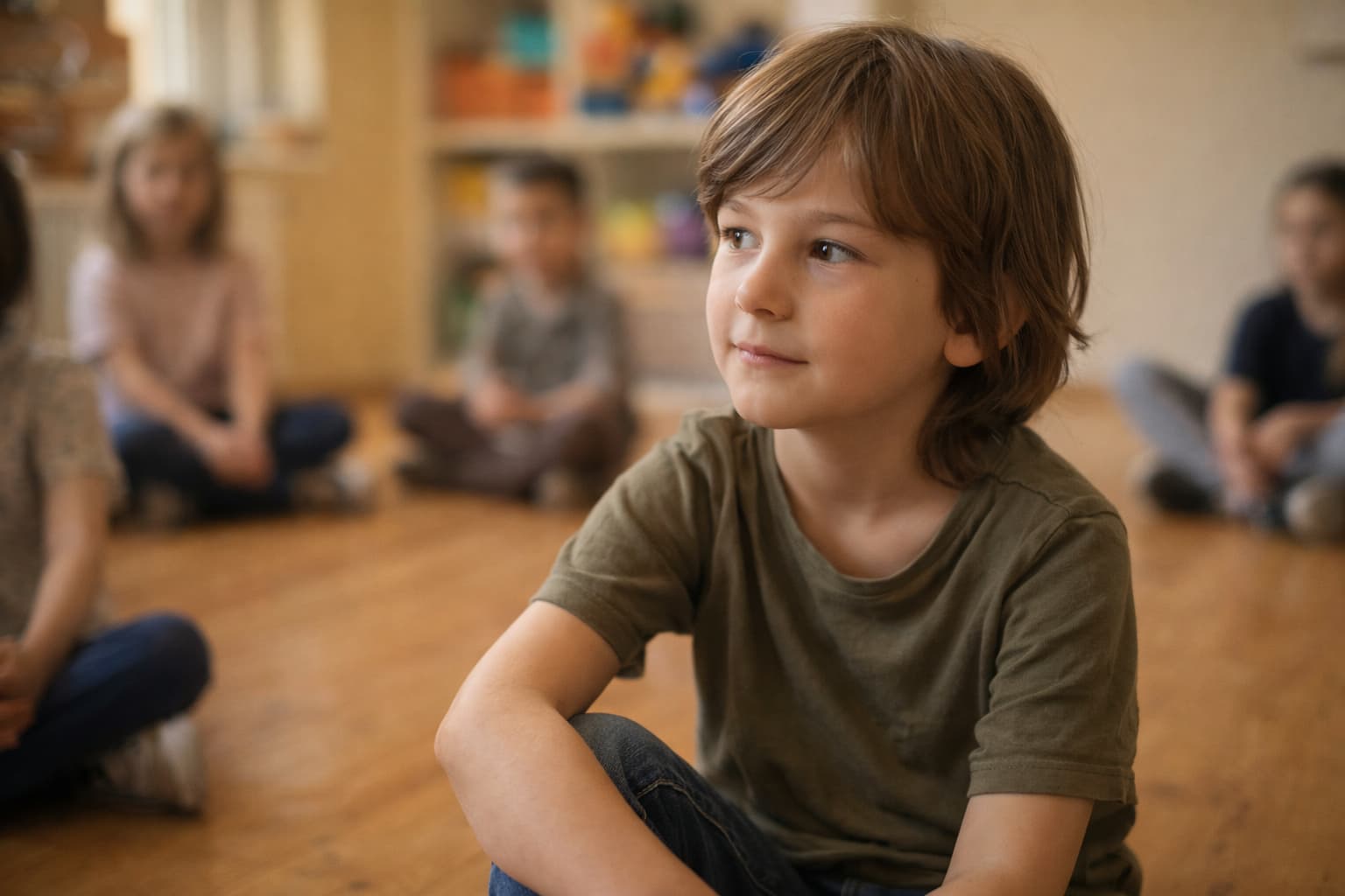 Dijete sjedi na podu u krugu sa vršnjacima tokom časa glume, pažljivo sluša