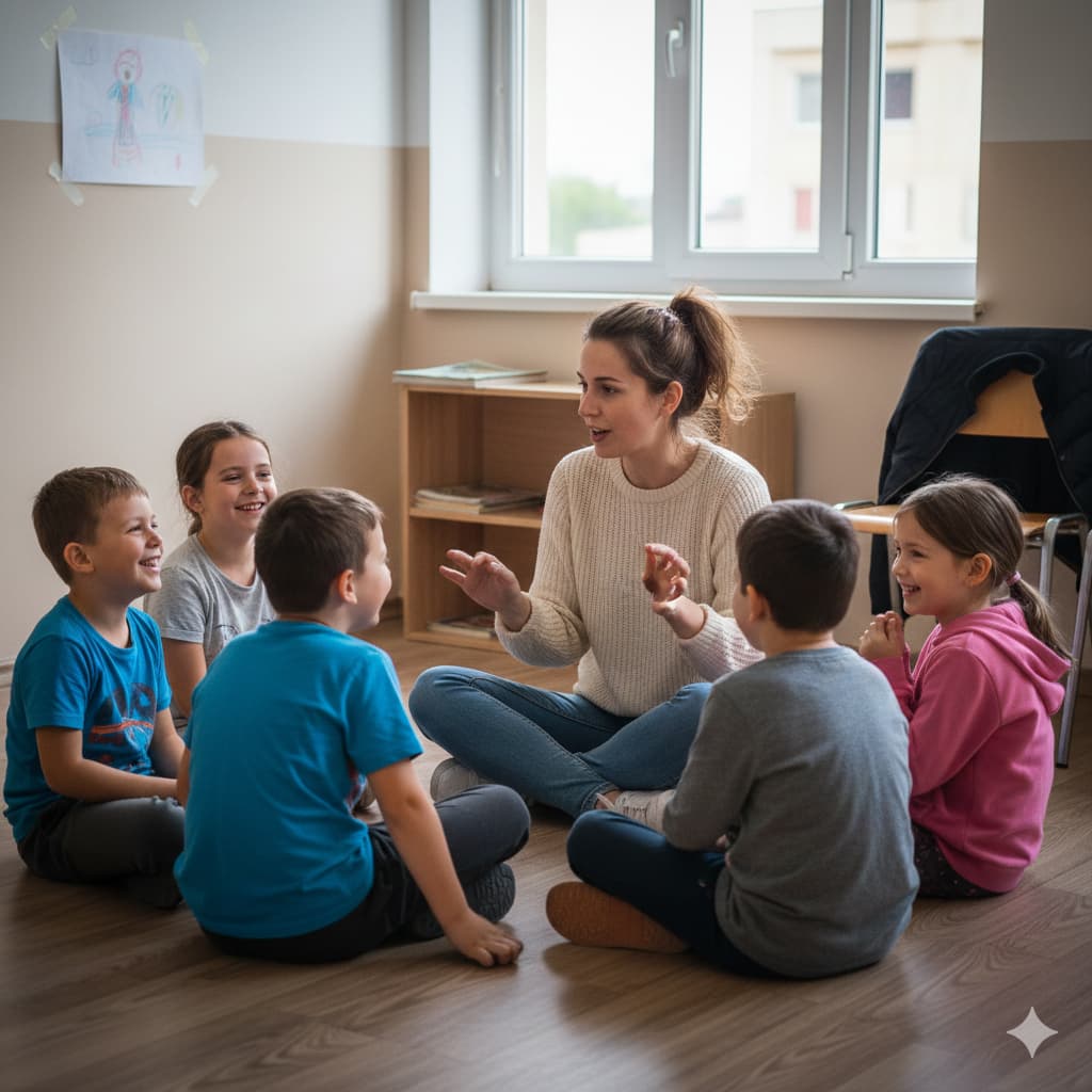Učiteljica i djeca sjede u krugu na podu tokom časa razvojne škole glume
